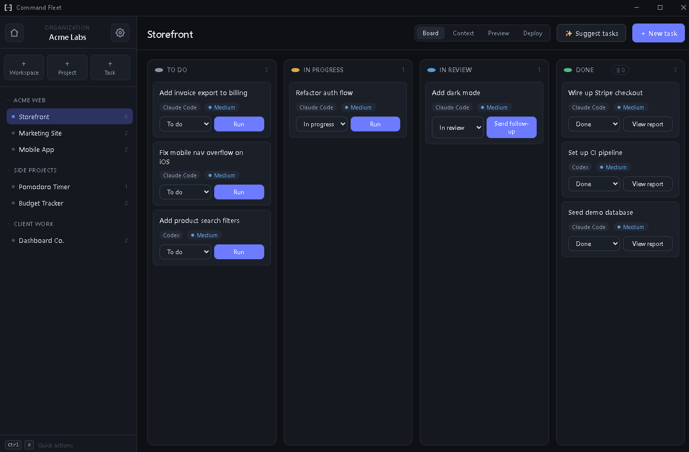 The Command Fleet desktop app showing a project's Kanban board — tasks organized across To do, In progress, In review, and Done, each with its assigned AI agent.